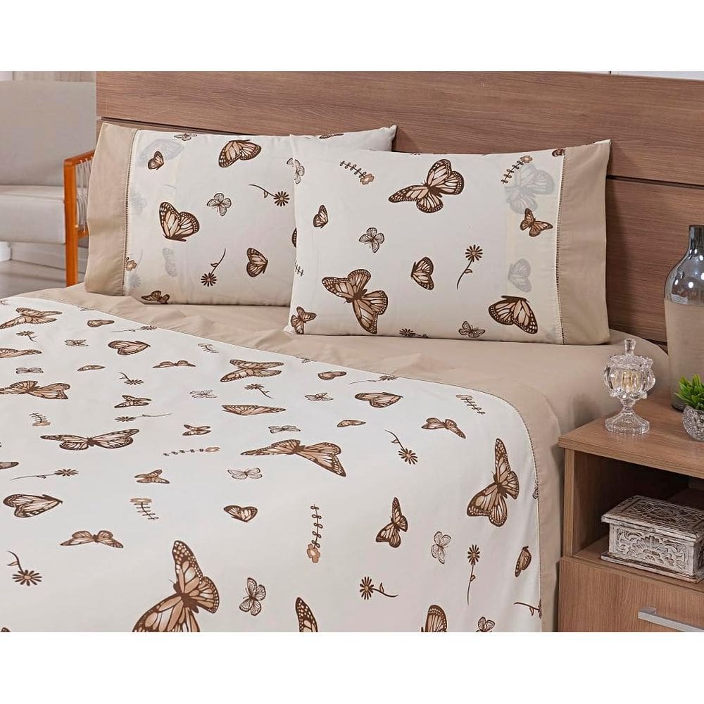 Jogo Lençol Viúva 4 Peças 203x120x40 100% Algodão 200 Fios Estampado Borboletas Cáqui Fundo Cáqui