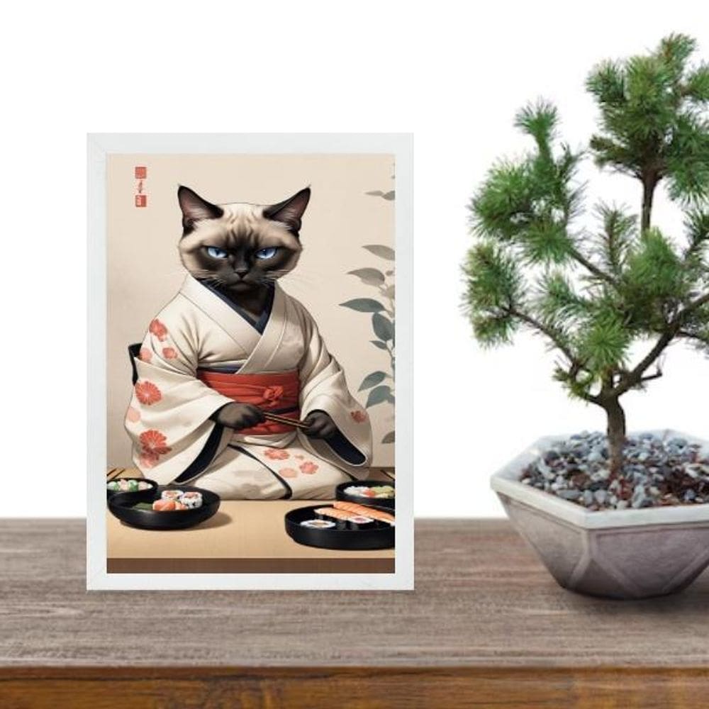 Quadro Arte Oriental Sushi Cat 24X18Cm - Com Vidro