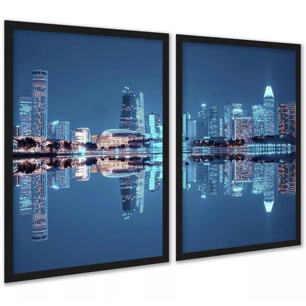 Kit 2 Quadros Foto Cidade - Luzes Reflexo 33X24Cm