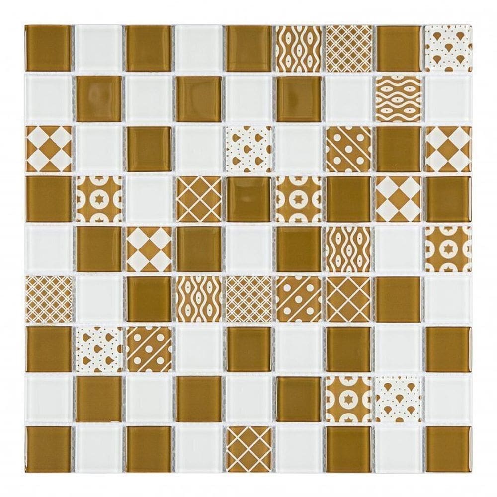 Kit 1m² Pastilha de Vidro Patchwork 29cm X 29cm Branco/Marrom