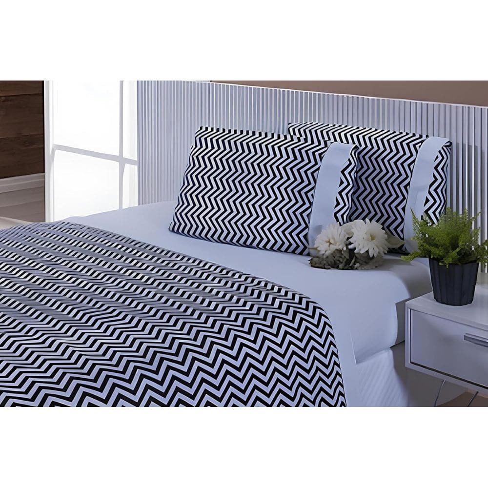 Jogo Lençol Viúva 4 Peças 203x120x25 100% Algodão 200 Fios Estampado Chevron Barrado Branco