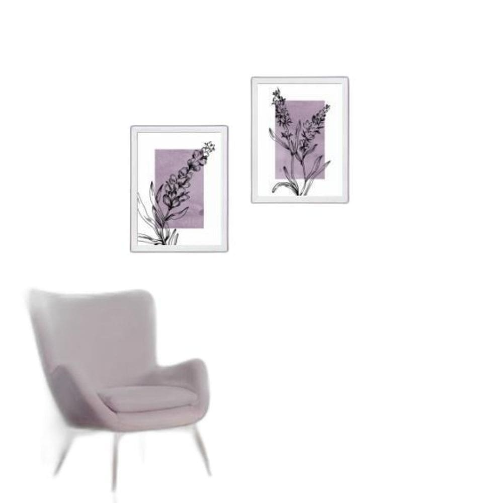 Kit 2 Quadros Modernos Lavanda - Planta 33X24Cm - Com Vidro