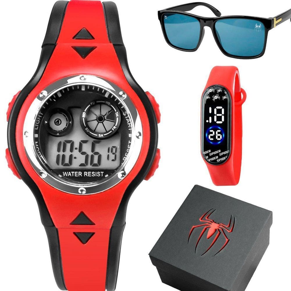 Relógio Digital Infantil Led Aranha + Óculos Sol + Caixa