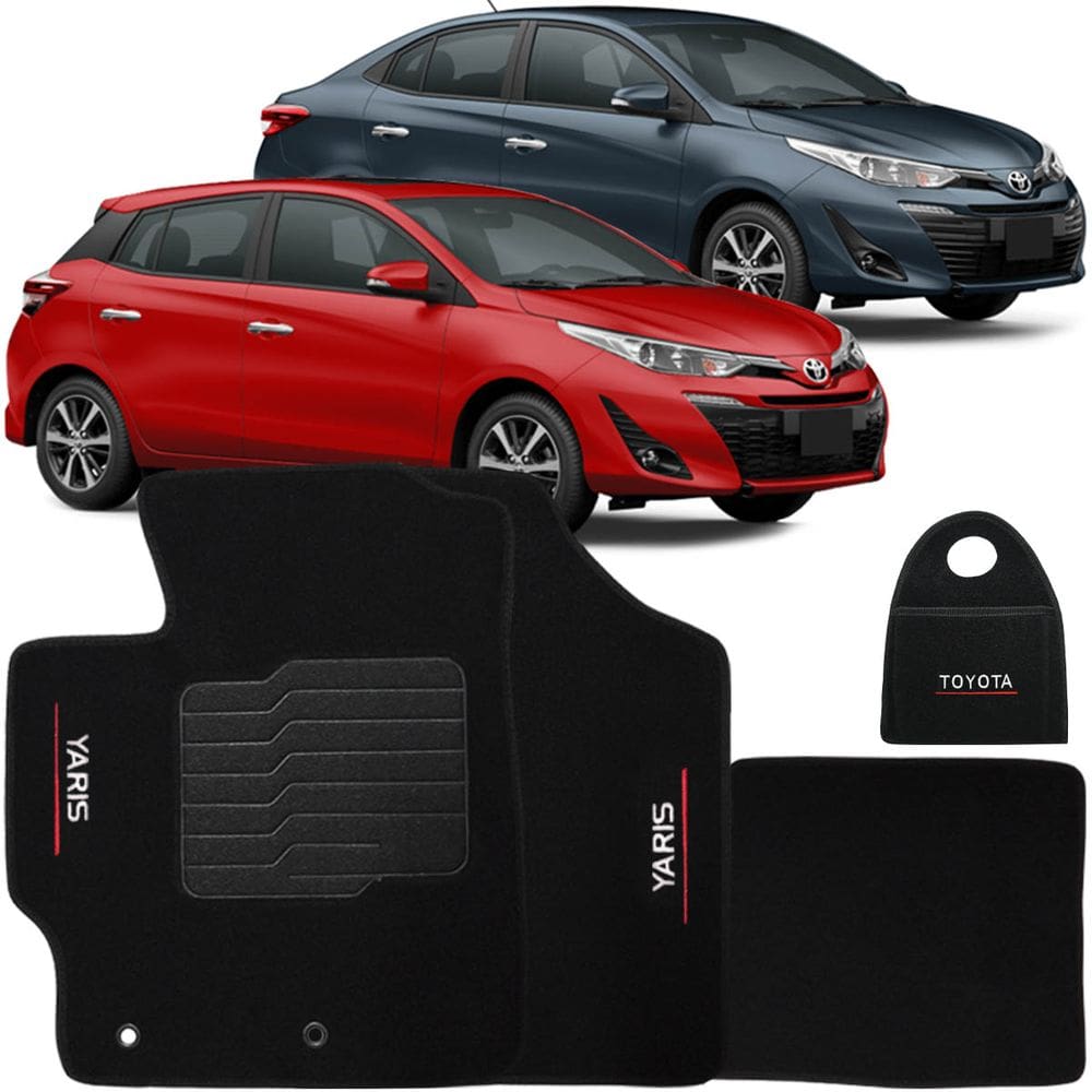 Jogo Tapete Automotivo Carpete + Lixeira Toyota Yaris 2018 à 2025 Soft Logo Bordado Preto 4 Peças