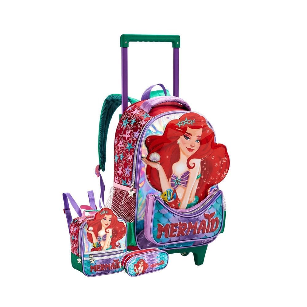 Kit Escolar Mochila Rodas+Lancheira+ Estojo Sereia Vermelho