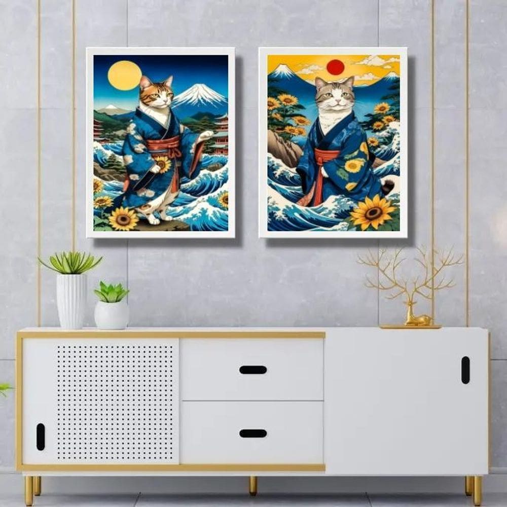 Kit 2 Quadros Arte Japonesa - Gatos Kimono 24X18Cm - Vidro