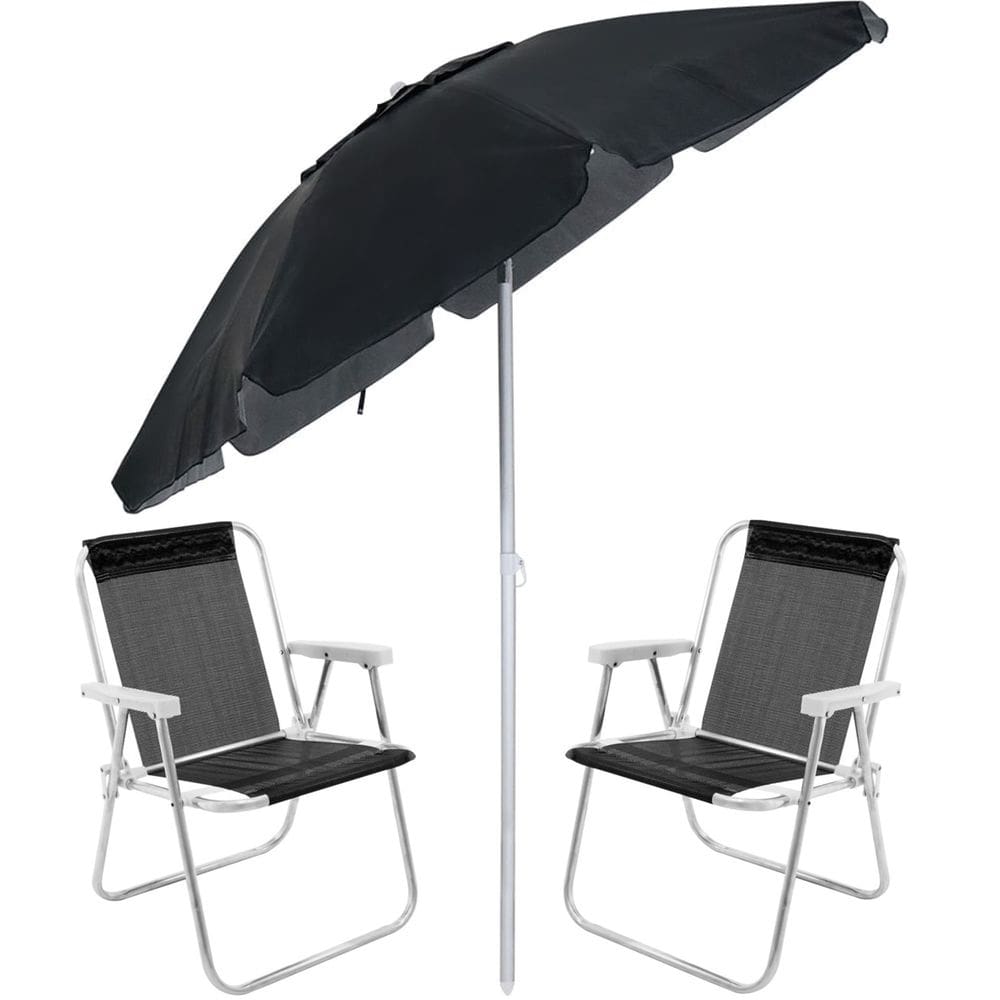 Kit 2 Cadeiras Alta Alumínio + Guarda Sol Bagum 2m Preto - Belfix