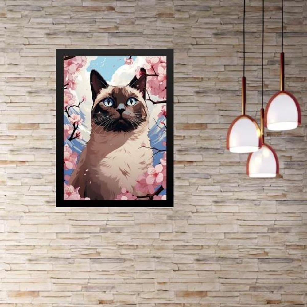 Quadro Gato Siamês Flores Cerejeira 24X18Cm