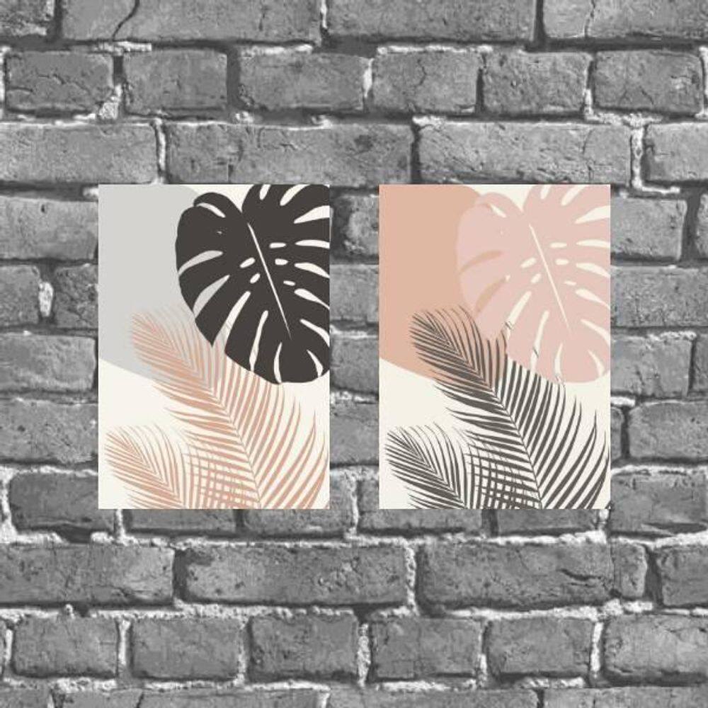 Kit 2 Placas Decor Folhagens Rosa E Cinza 18X27Cm