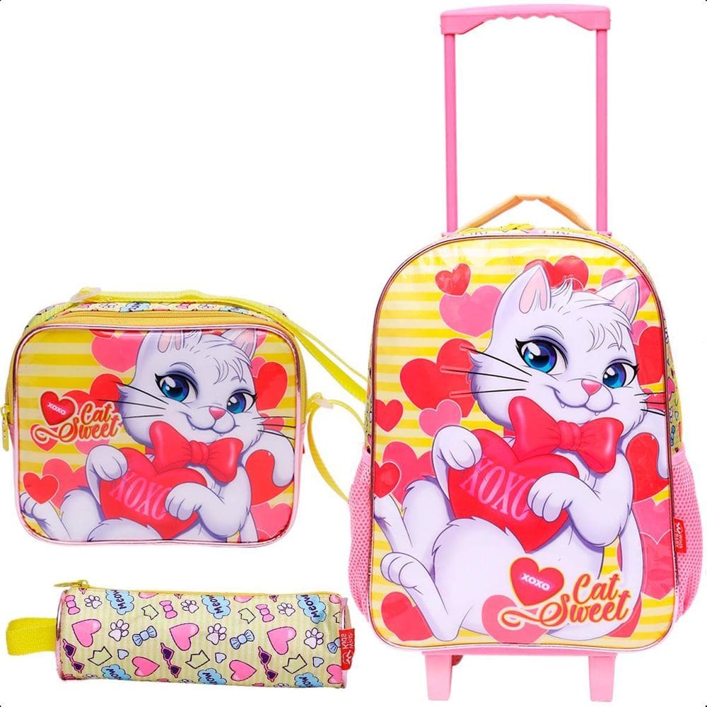 Kit Mochila De Rodinha Menina Estojo Lancheira Gata- Amarelo