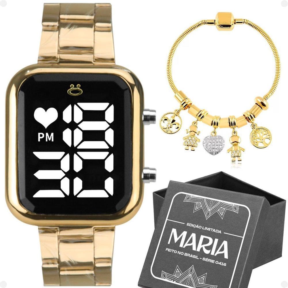 Relogio Feminino Dourado Digital + Caixa + Pulseira Delicada
