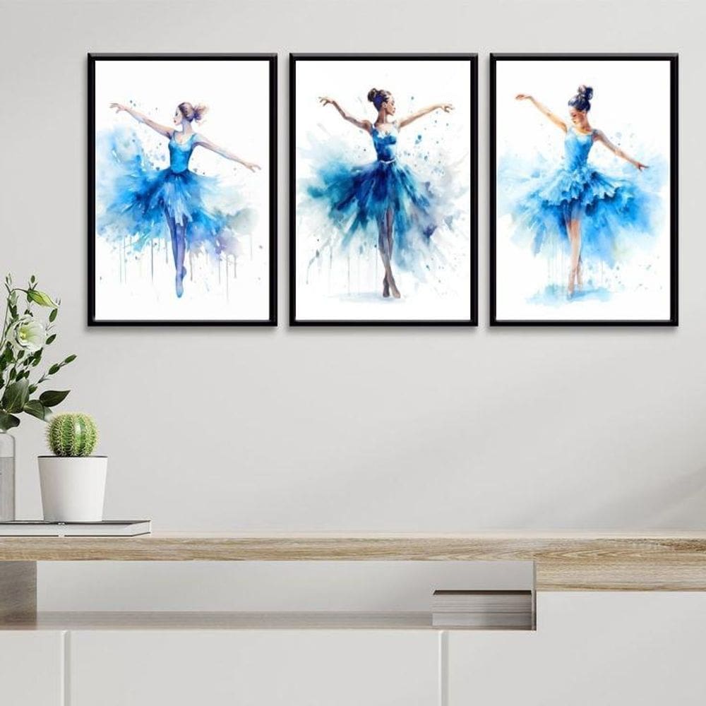 Kit 3 Quadros Bailarinas Azul - Aquarela 24X18Cm - Com Vidro
