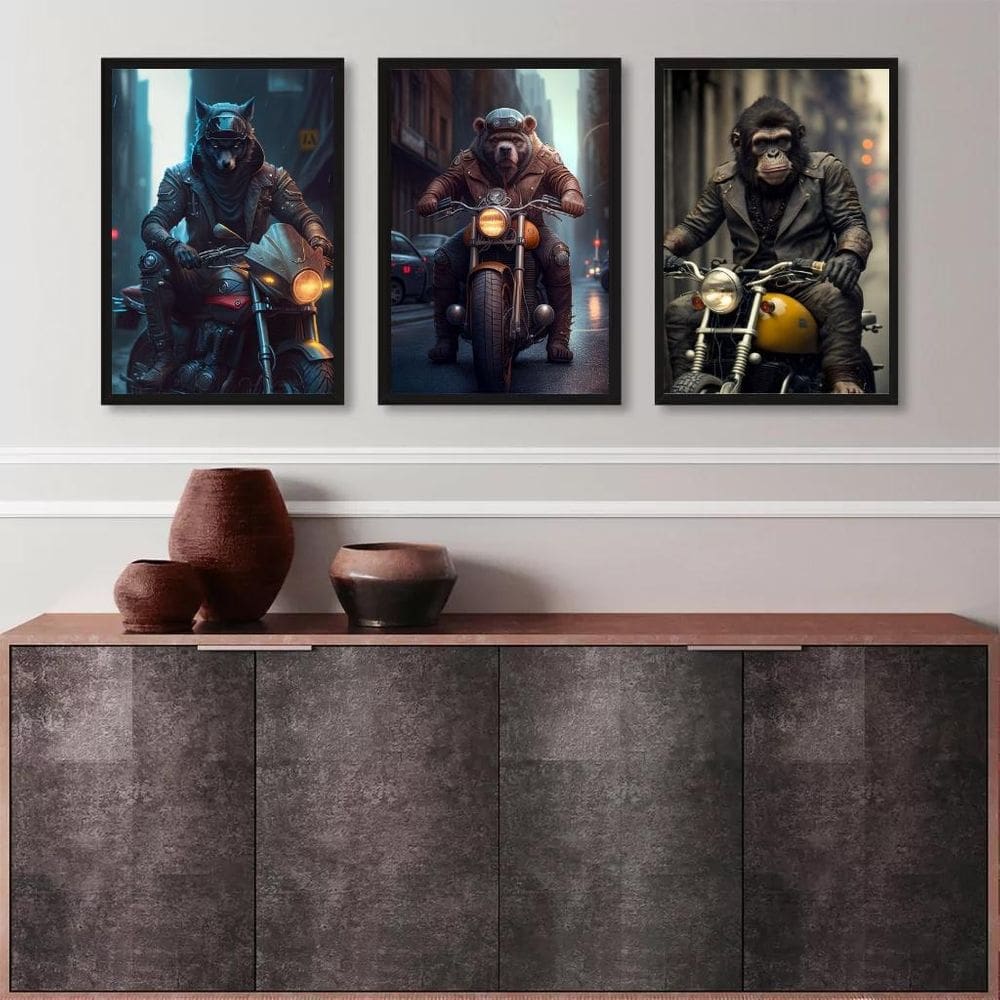 Kit 3 Quadros Motoqueiros Animais 33X24Cm