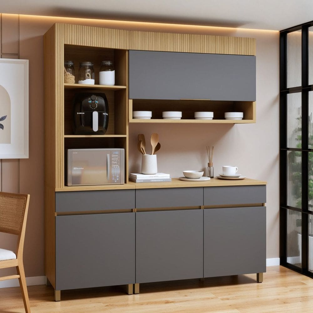 Cozinha Completa Modulada 3 Peças 4 Portas 3 Gavetas Torre Angular 100% Mdf Realeza Premium Carvalho/Titânio