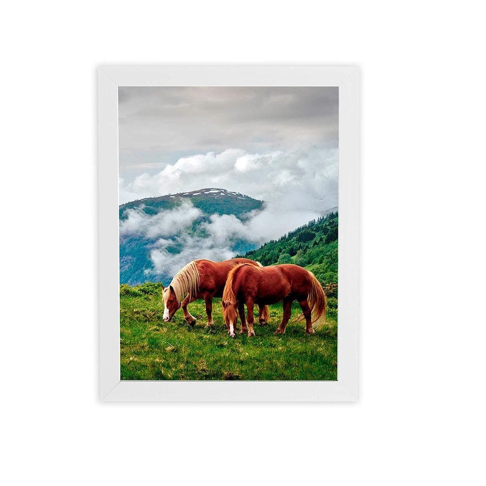Cavalos Montanhas Paisagem Quadro Moldura Branca 60X40Cm