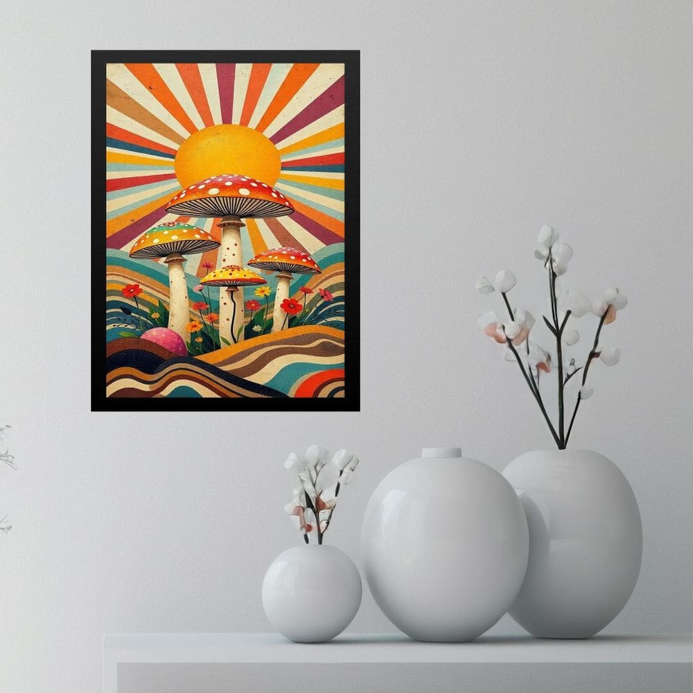 Quadro Cogumelos - Boho Hippy Mushroom Sunrise 45X34Cm Vidro