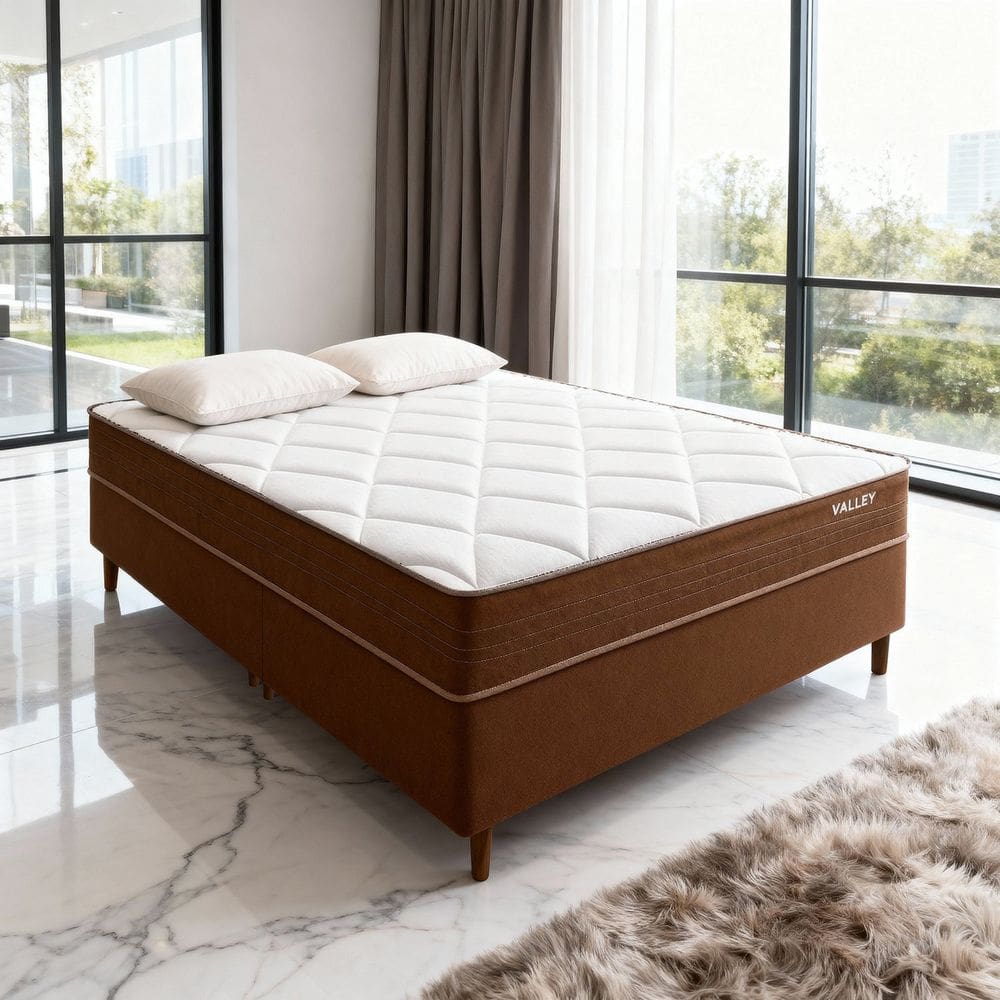 Conjunto Colchão King Vallery Pkt 10 Eps com Box Duplo Invertido Luxo Marrom/Branco