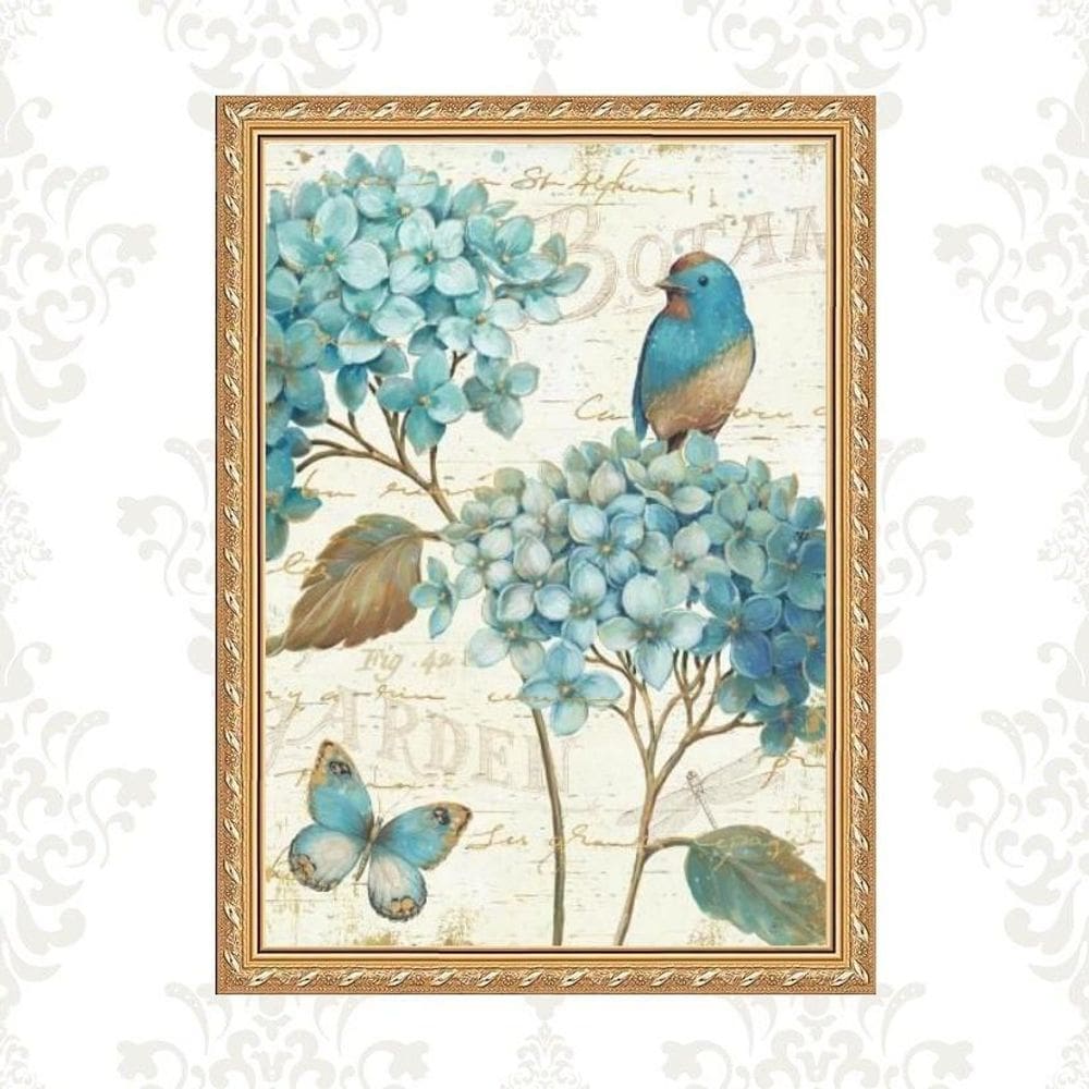 Quadro Moldura Dourada Passarinho Vintage Azul 33X24Cm