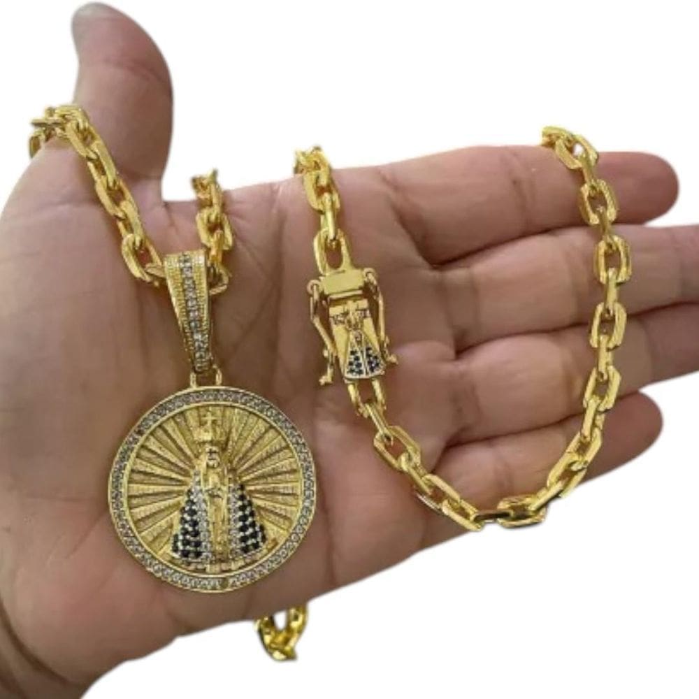Cordão 6Mm Cadeado + Pingente Nossa Senhora - Banhado A Ouro