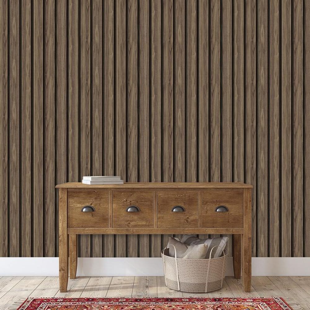 Papel De Parede Efeito Ripas De Cerejeira Adesivo Escura