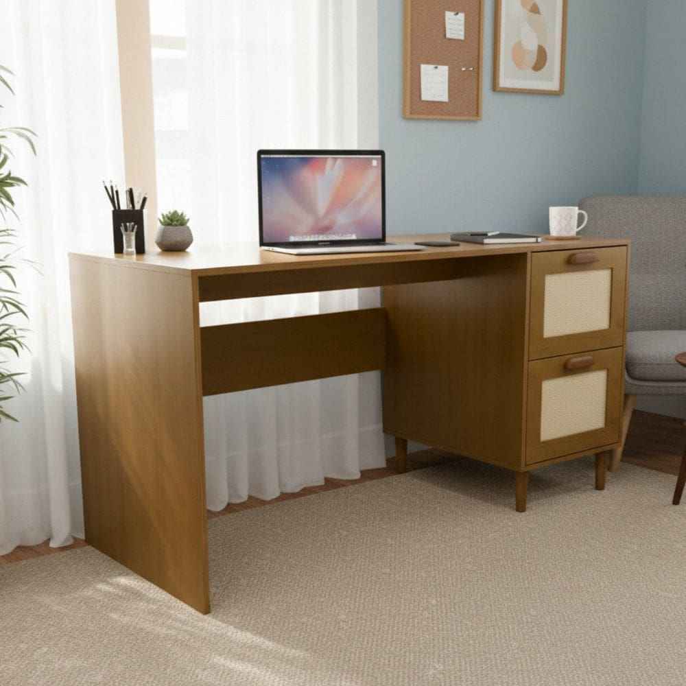 Mesa Escrivaninha com Gavetas e Detalhes em Palha Telinha Amadeirada Campo Angelim