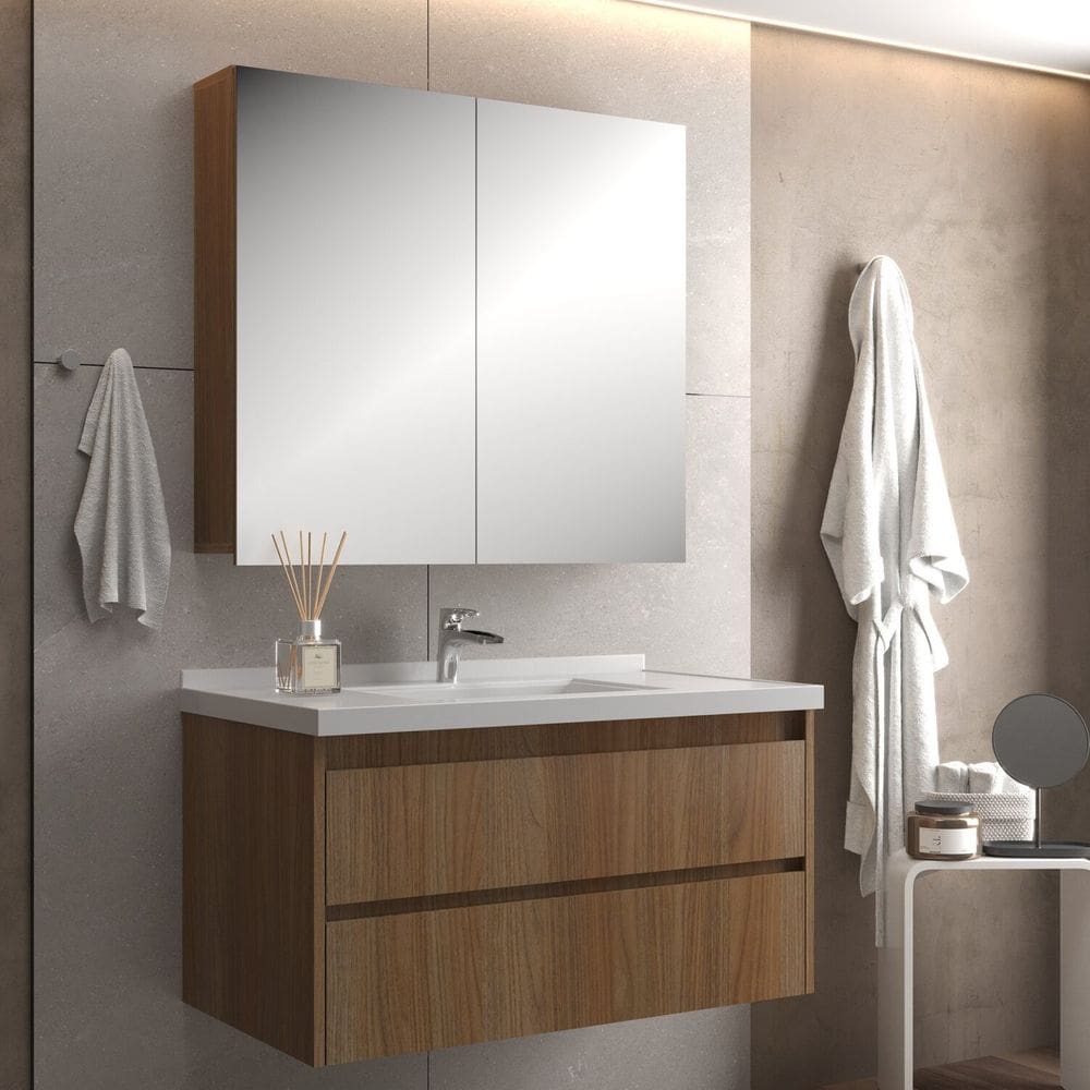 Conjunto Gabinete para Banheiro com Espelheira Maresias 80 Noce