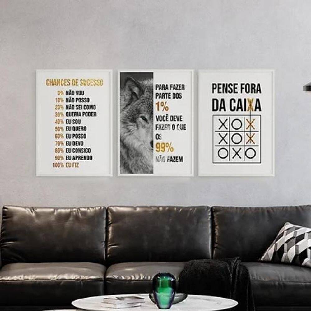 Kit 3 Quadros Lobo Empreendedorismo 24X18Cm Com Vidro Branca