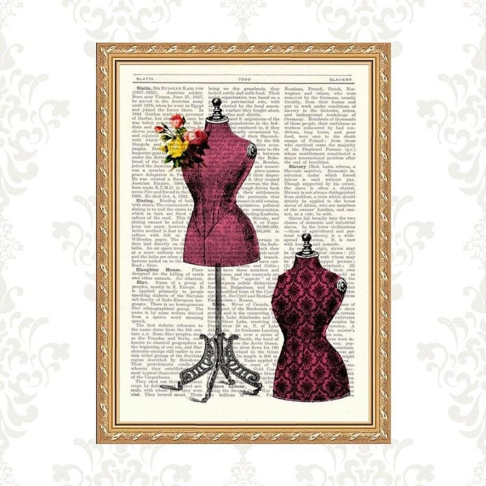 Quadro Moldura Dourada Manequins De Costura 33X24Cm