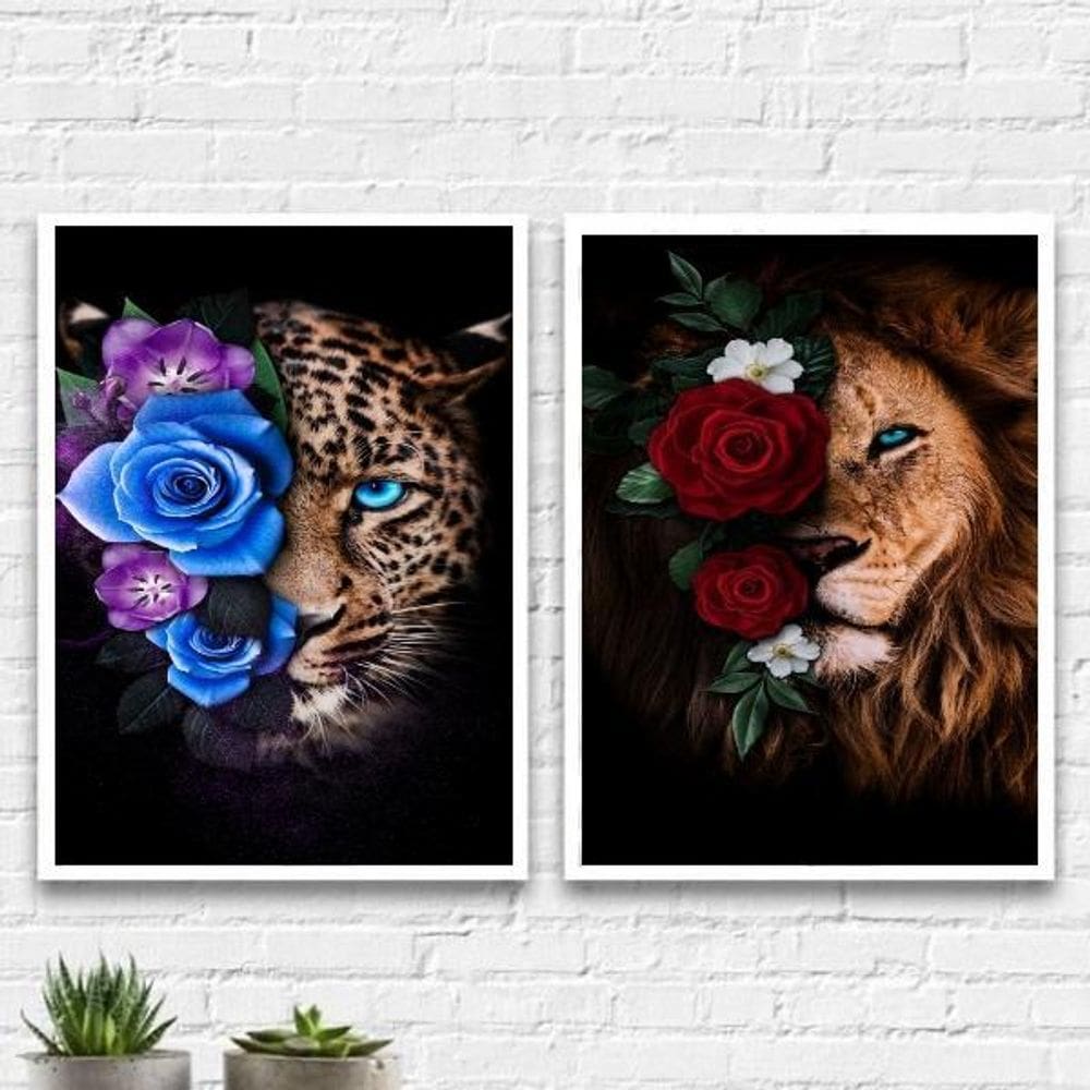 Kit 2 Quadros Onça E Leão Com Flores 33X24Cm - Com Vidro