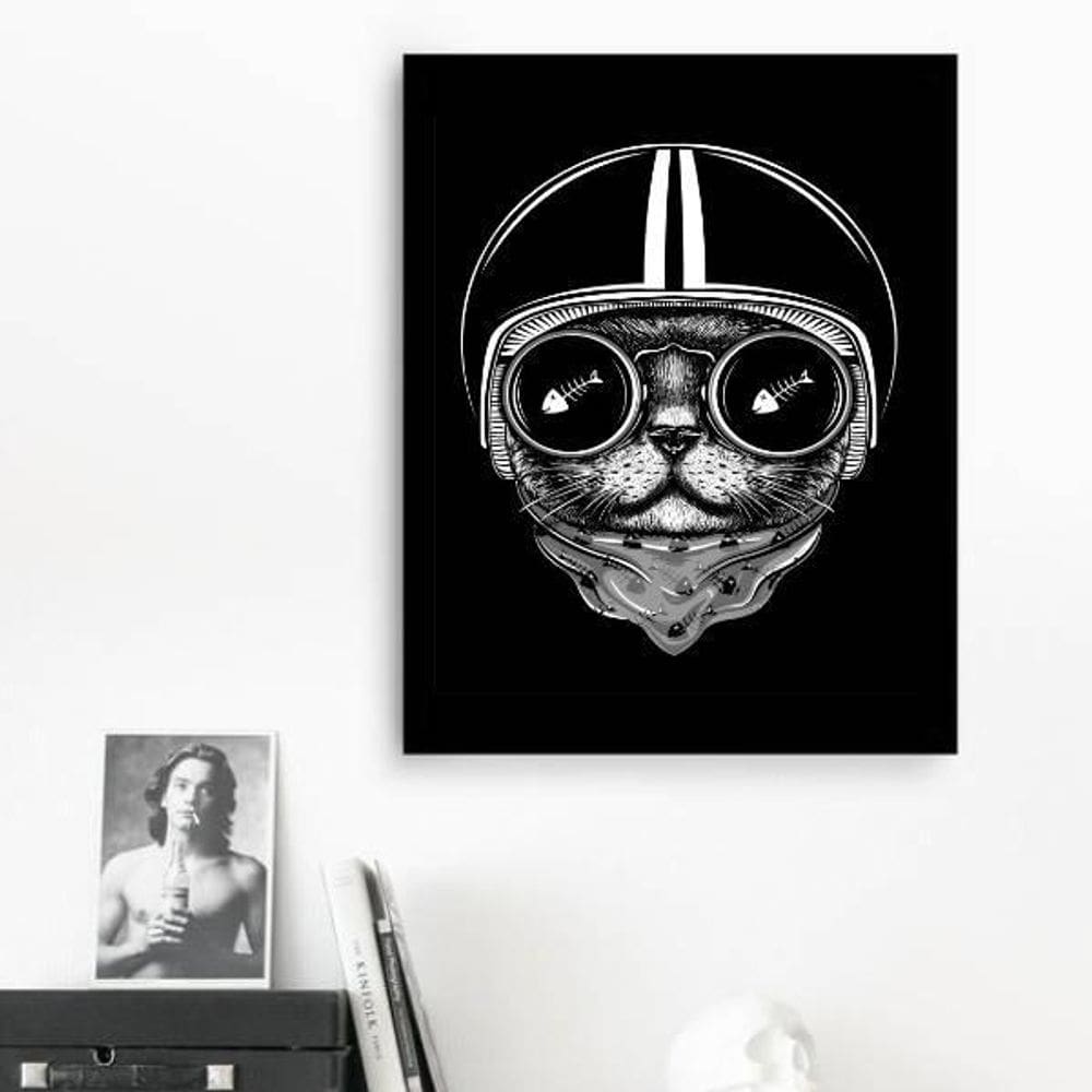 Quadro Decorativo Gato Preto Capacete 24X18Cm - Com Vidro