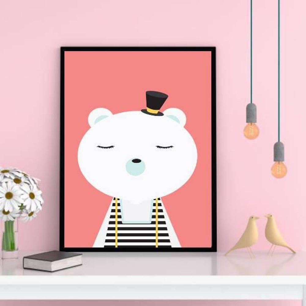 Quadro Decorativo Ursinho De Circo 45x34Cm Moldura Preta