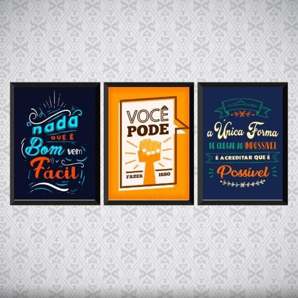Kit 3 Quadros Frases Motivadoras Trabalho 45X34Cm Preta