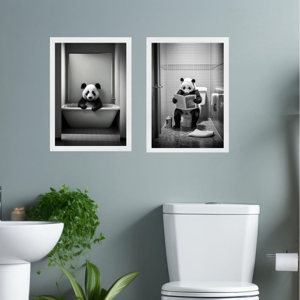 Kit 2 Quadros Decorar Banheiro - Urso Panda 33X24Cm - Vidro