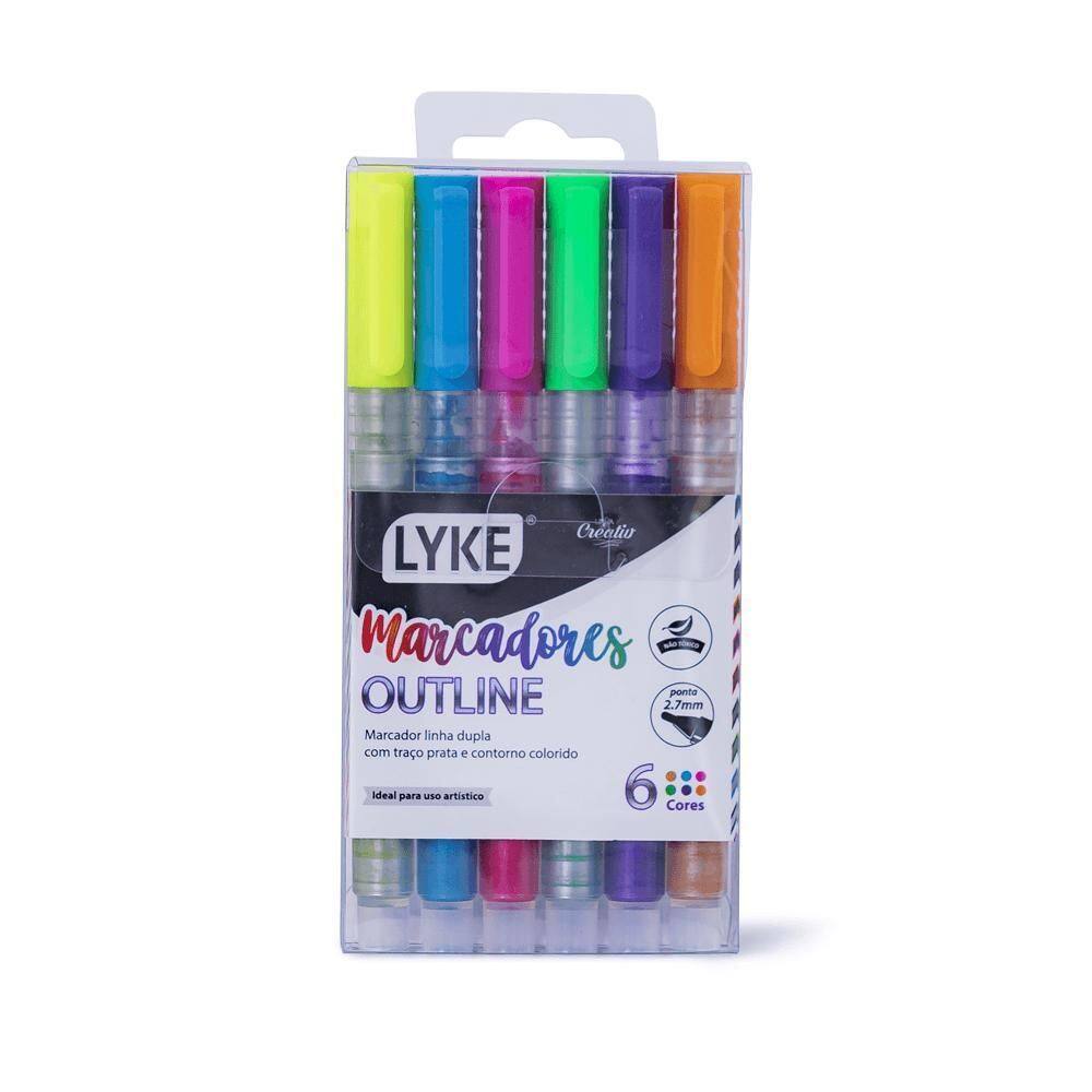 Kit Caneta Outline Prateada Contorno Colorido 6 Cores Lyke