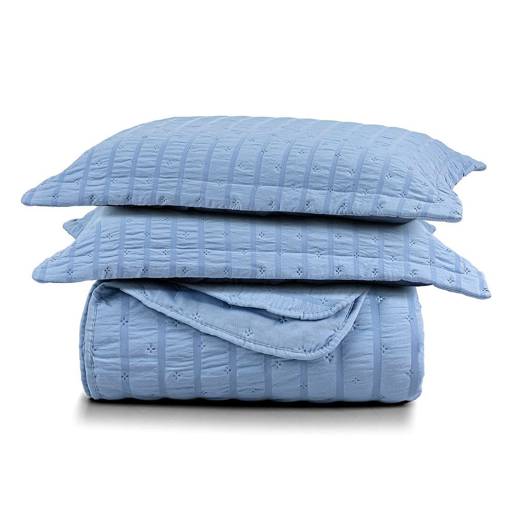 Kit Colcha Cobre Leito Casa Scarpa Plissê King Seersucker Premium 3 Peças Maciez e Leveza com Textura 3D Azul Mineral