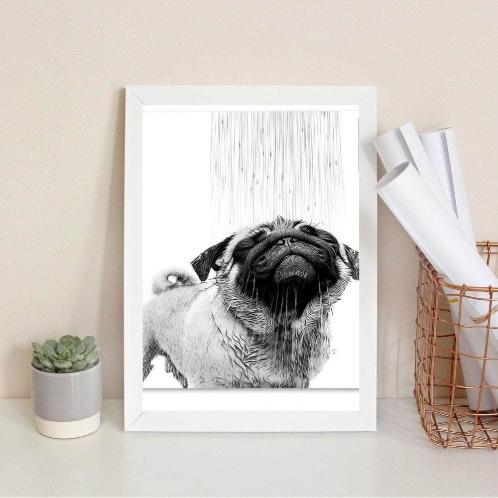 Quadro Banheiro - Pug Tomando Banho 33X24Cm - Com Vidro
