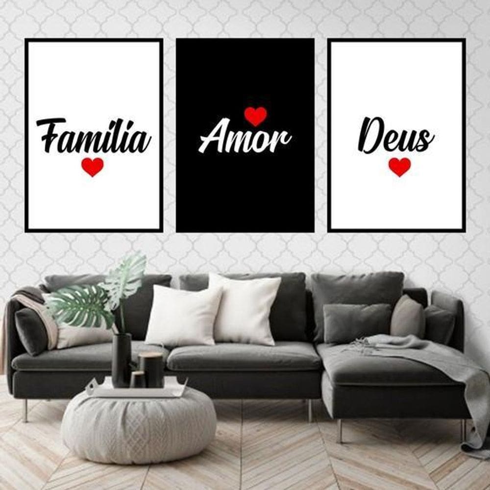 Kit 3 Quadros Família, Deus E Amor 60X40Cm Moldura Preta