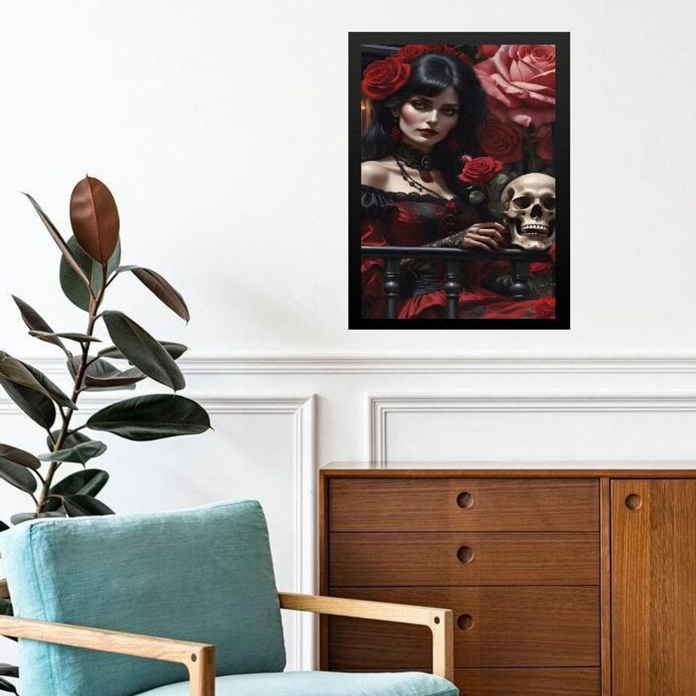 Quadro Decorativo Umbanda Rosa Caveira 45X34Cm - Com Vidro