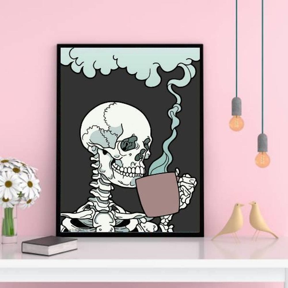 Quadro Decorativo Caveira Tomando Café 45X34Cm Vidro - Preta