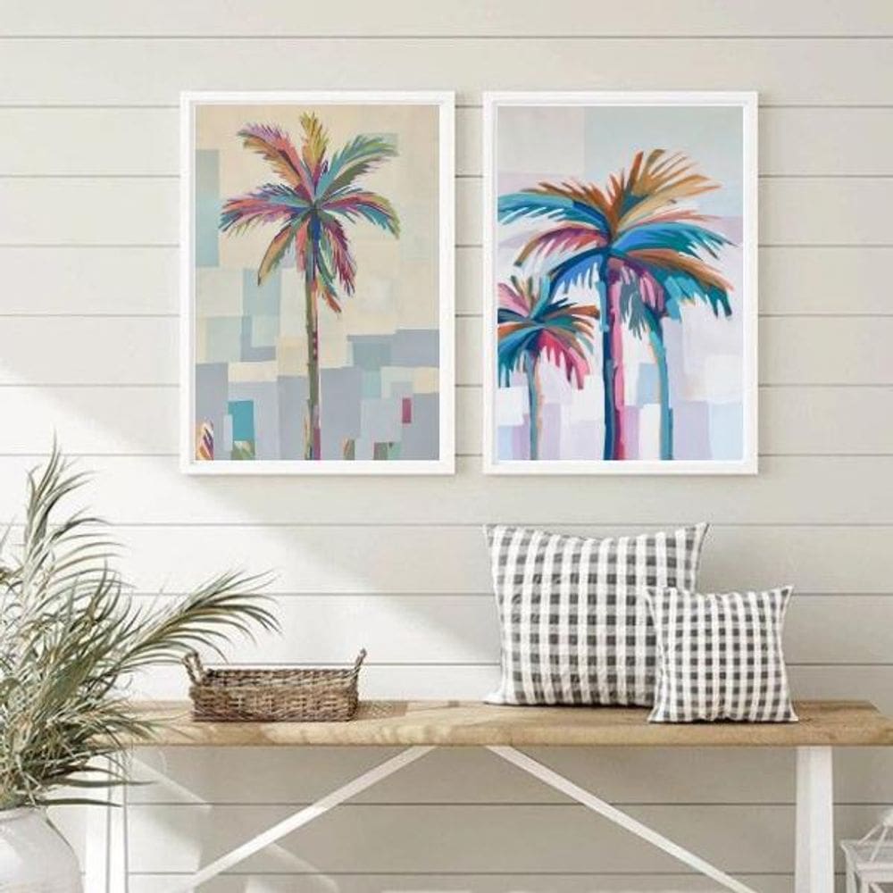 Quadros Coqueiros Abstratos Aquarela 33x24cm - Com Vidro