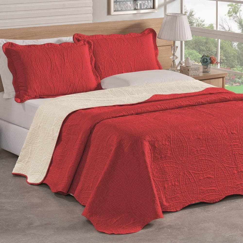 Colcha Casal Padrão Bella Dupla Face 03 Peças - Vermelha