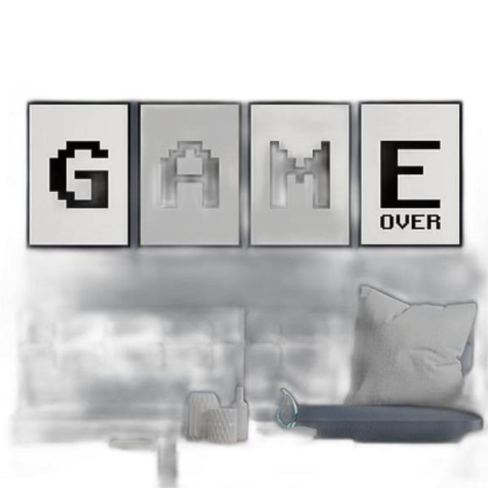 Kit 4 Quadros Game Over Preto E Branco 33X24Cm