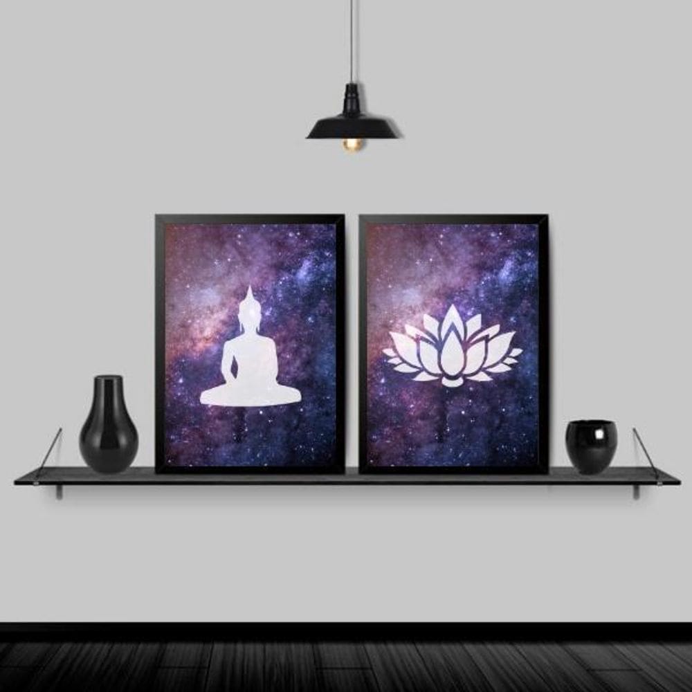 Kit 2 Quadros Buda E Flor De Lotus Galaxia 45X34Cm Preta