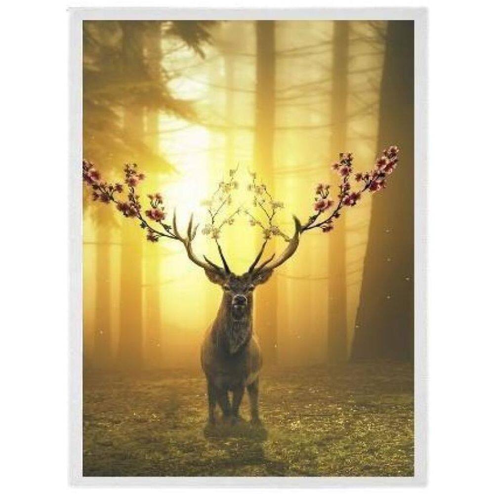 Quadro Alce Com Chifre De Flores Moldura Branca 45X34Cm