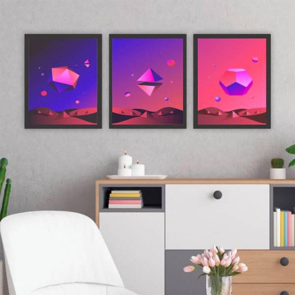 Kit 3 Quadros Geométricos Naves Espaciais 45X34Cm