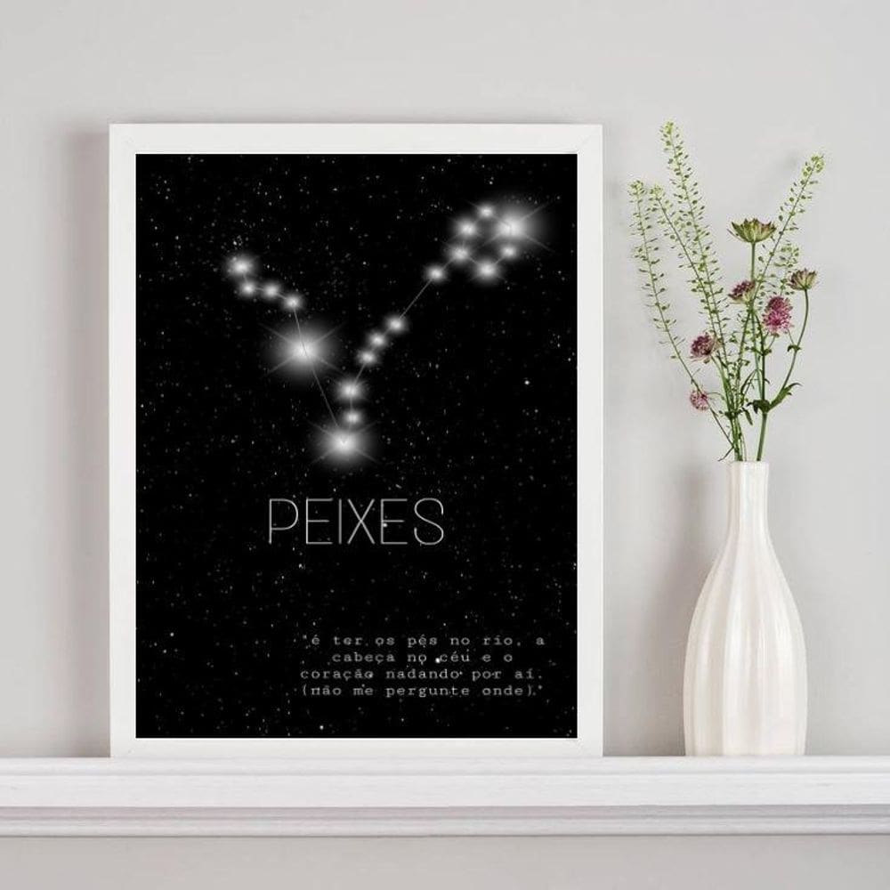 Quadro Decorativo Signo Peixes 45x34cm - Vidro e Moldura Preta