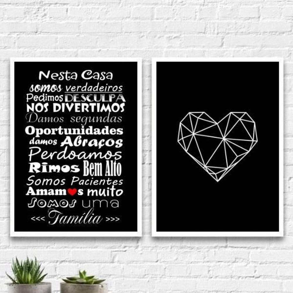 Kit 2 Quadros Frase Família Coração 33X24Cm - Com Vidro