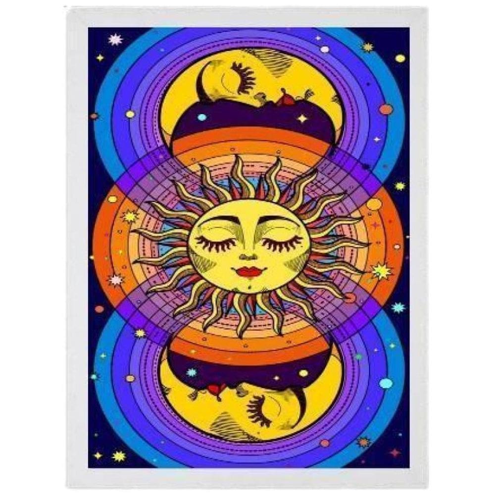 Quadro Místico Sol E Lua Colorido Moldura Branca 24X18Cm