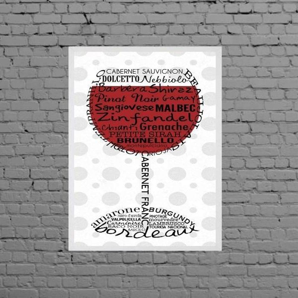 Quadro Taça De Vinho Nomes Uvas 33X24Cm - Com Vidro