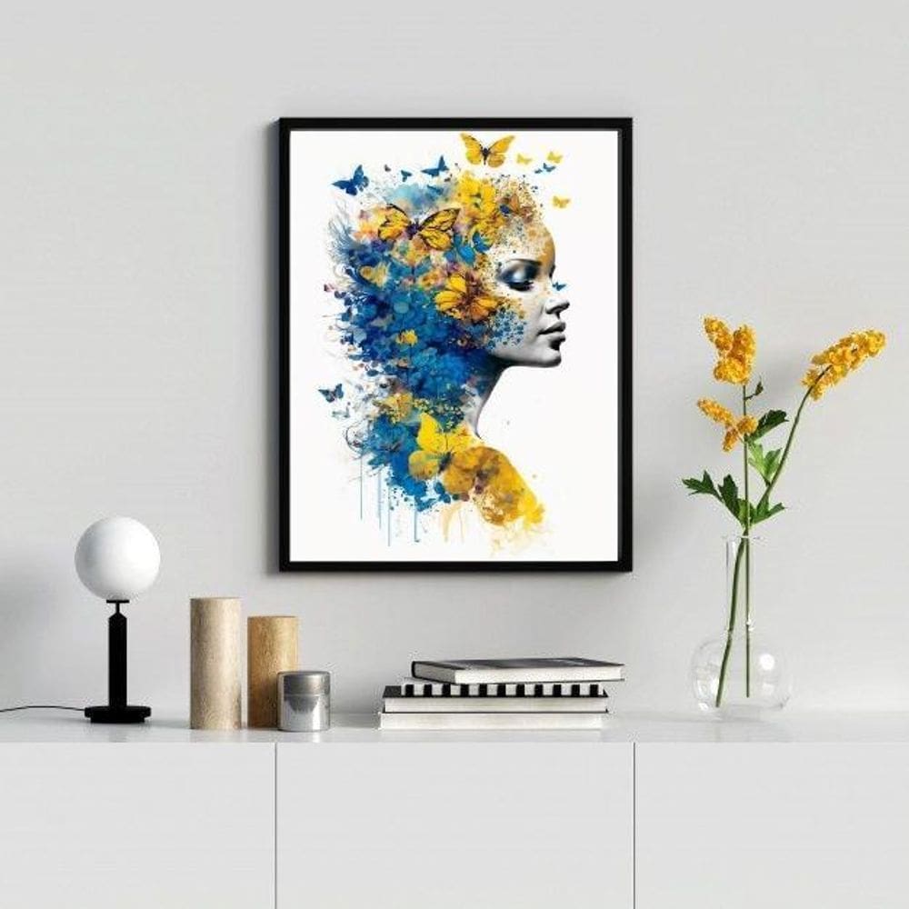 Quadro Decorativo Mulher Borboletas Azul e Amarelo 24x18cm - Vidro e Moldura Branca